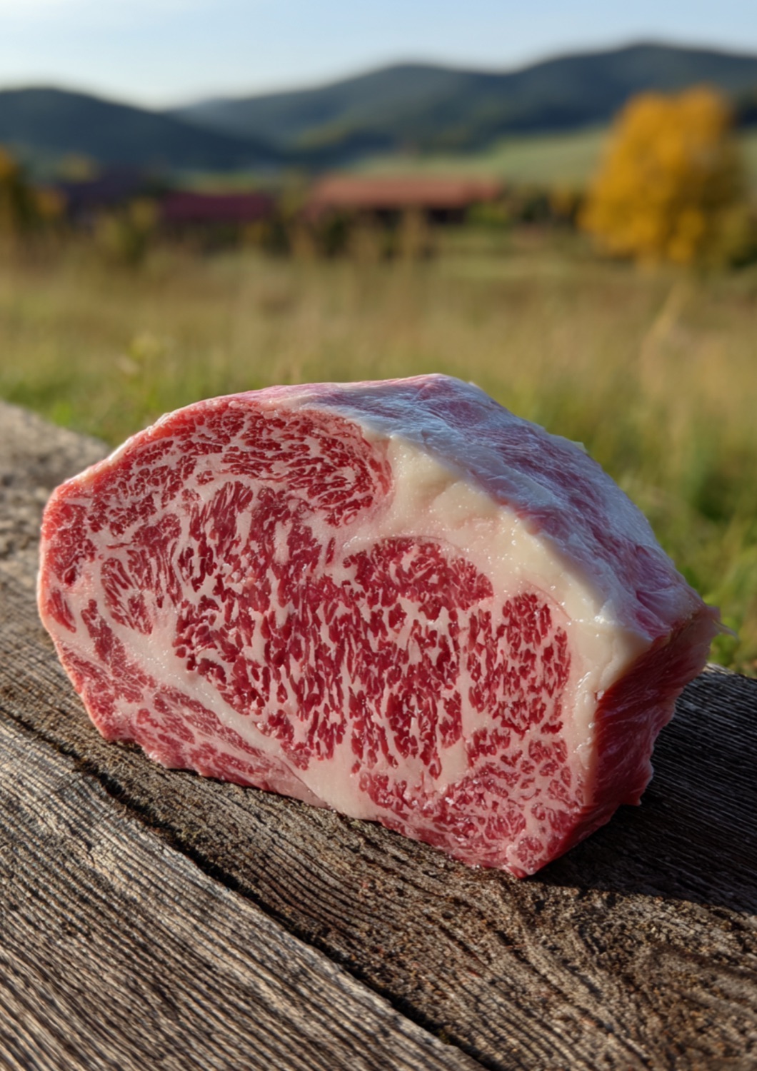 Feine Marmorierung eines Wagyu-Steaks vor der Eifel-Landschaft — intramuskuläres Fett